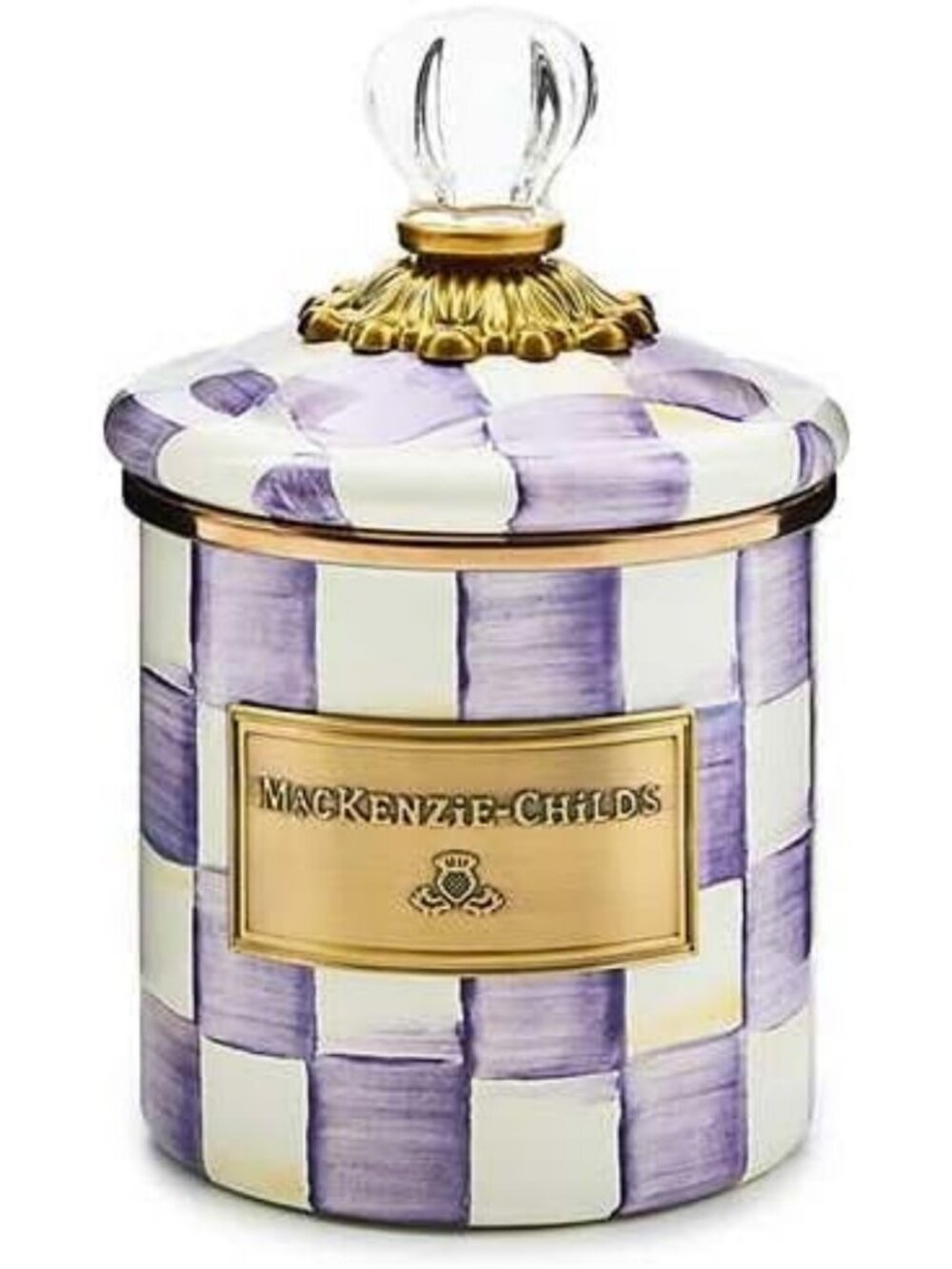 Purple & White Enamel Canister - Demi Size, Floral Check Design, Kitchen Decor